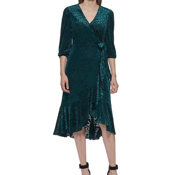 NWT Calvin Klein Emerald Green Velvet Burnout Faux Wrap Dress - Picture 1 of 10